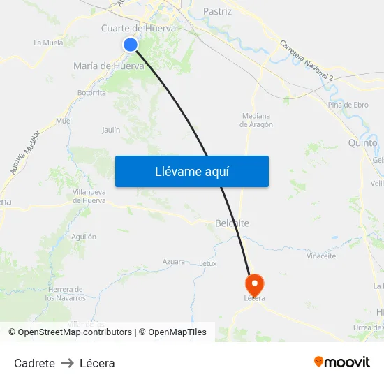 Cadrete to Lécera map
