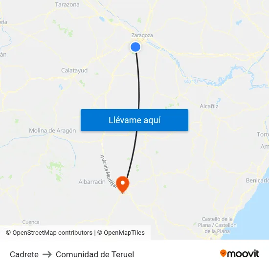 Cadrete to Comunidad de Teruel map