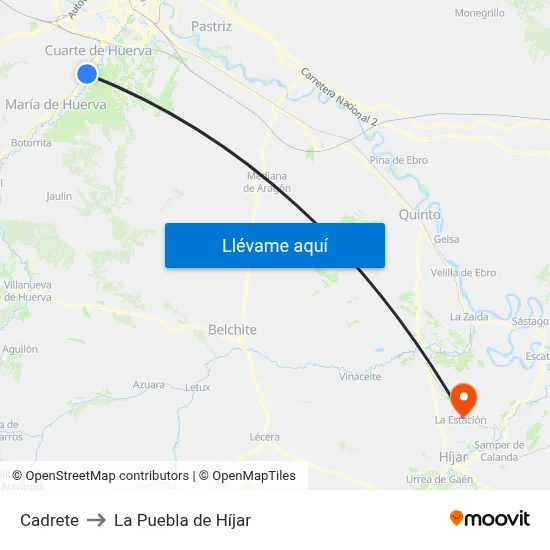 Cadrete to La Puebla de Híjar map