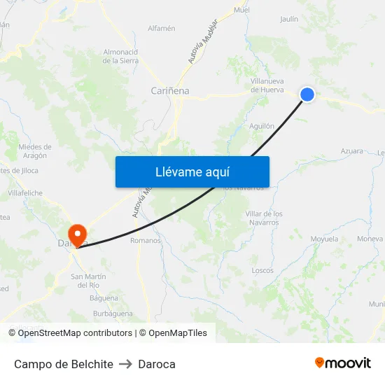 Campo de Belchite to Daroca map