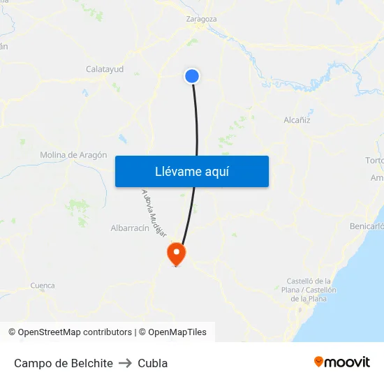 Campo de Belchite to Cubla map