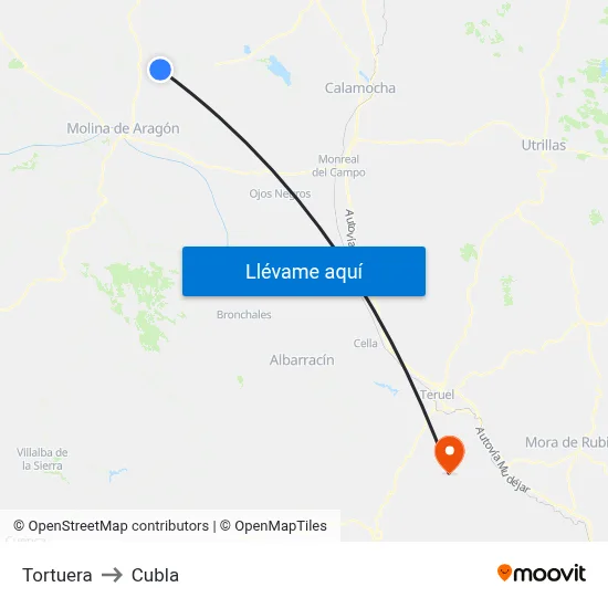 Tortuera to Cubla map