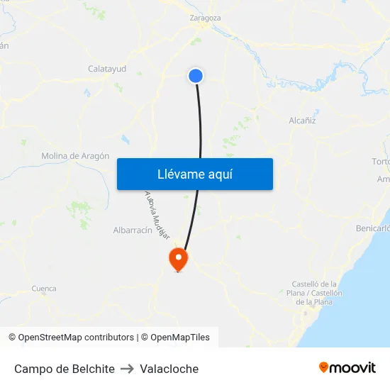 Campo de Belchite to Valacloche map