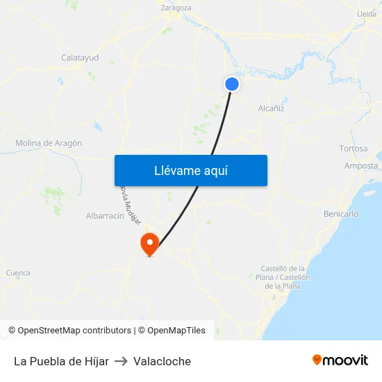 La Puebla de Híjar to Valacloche map