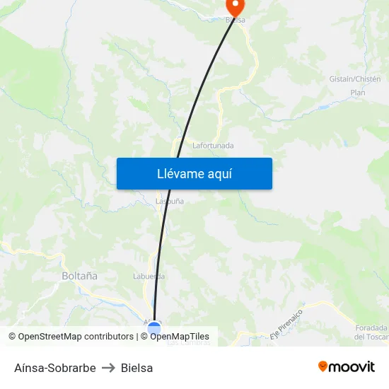 Aínsa-Sobrarbe to Bielsa map