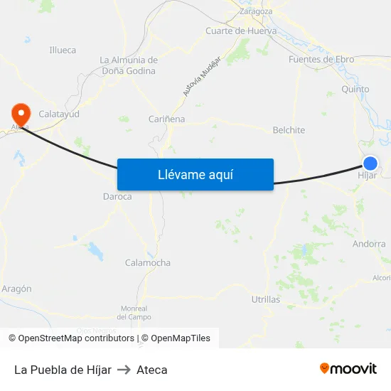 La Puebla de Híjar to Ateca map