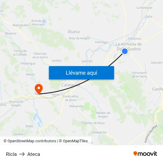 Ricla to Ateca map