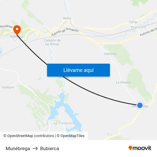 Munébrega to Bubierca map