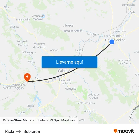 Ricla to Bubierca map