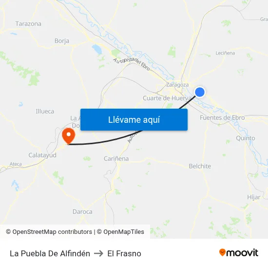La Puebla De Alfindén to El Frasno map