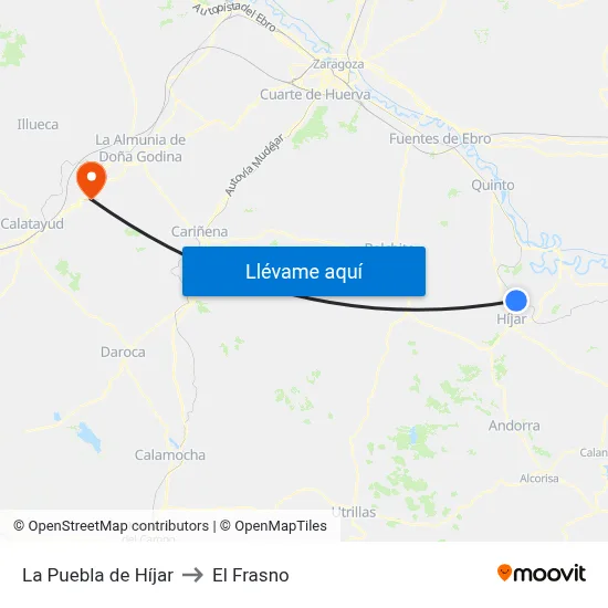 La Puebla de Híjar to El Frasno map