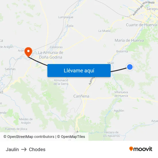 Jaulín to Chodes map
