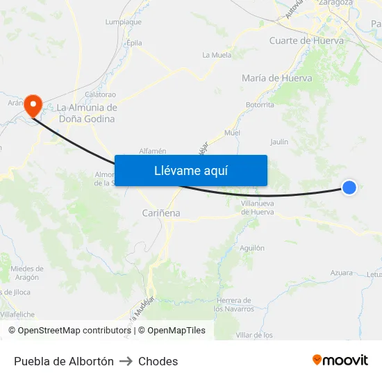 Puebla de Albortón to Chodes map