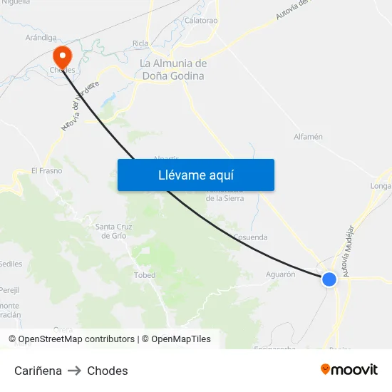 Cariñena to Chodes map