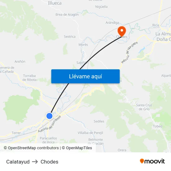 Calatayud to Chodes map