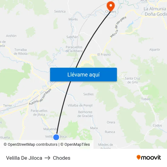 Velilla De Jiloca to Chodes map