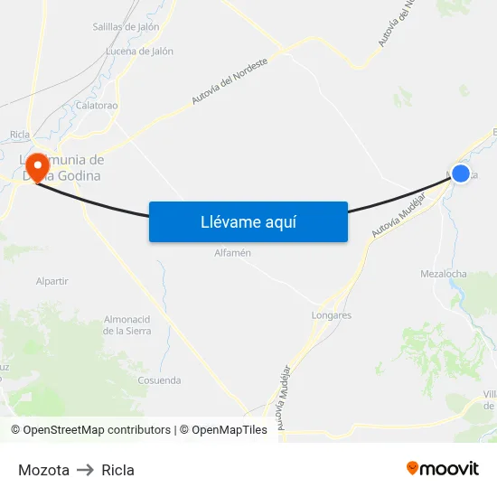 Mozota to Ricla map