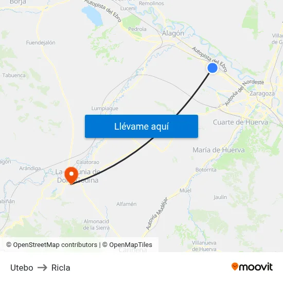 Utebo to Ricla map