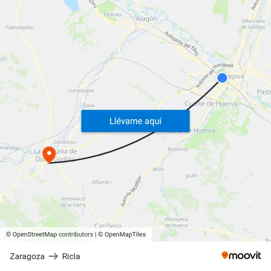 Zaragoza to Ricla map