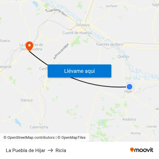La Puebla de Híjar to Ricla map
