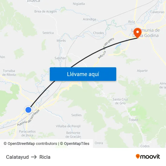 Calatayud to Ricla map