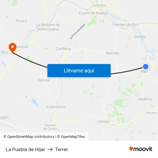 La Puebla de Híjar to Terrer map