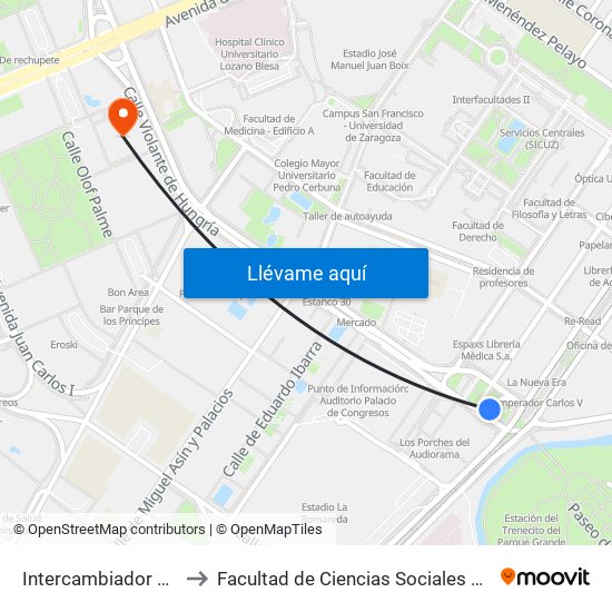 Intercambiador Carlos V to Facultad de Ciencias Sociales y Del Trabajo map