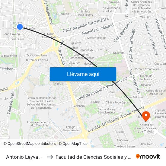 Antonio Leyva N. º 33 to Facultad de Ciencias Sociales y Del Trabajo map