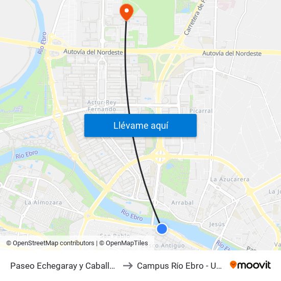 Paseo Echegaray y Caballero - S. Juan de Los Panetes to Campus Río Ebro - Universidad de Zaragoza map