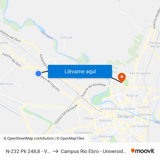 N-232 Pk 248,8 - Venta Cano to Campus Río Ebro - Universidad de Zaragoza map