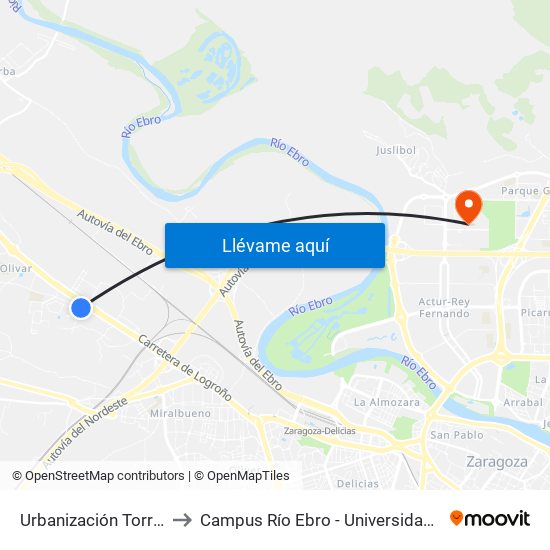 Urbanización Torrebarajas to Campus Río Ebro - Universidad de Zaragoza map
