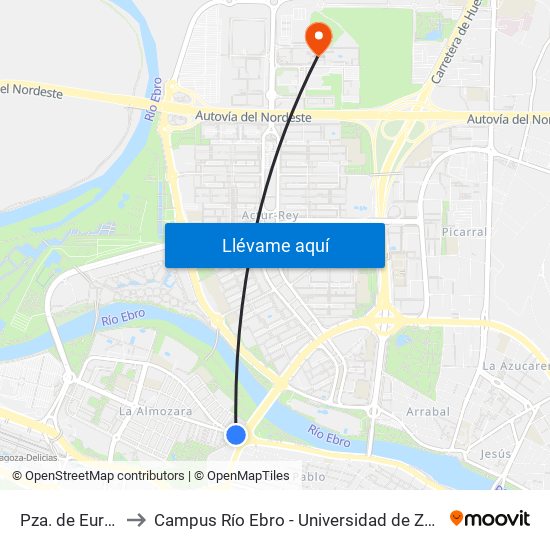 Pza. de Europa to Campus Río Ebro - Universidad de Zaragoza map