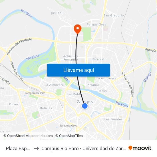 Plaza España to Campus Río Ebro - Universidad de Zaragoza map