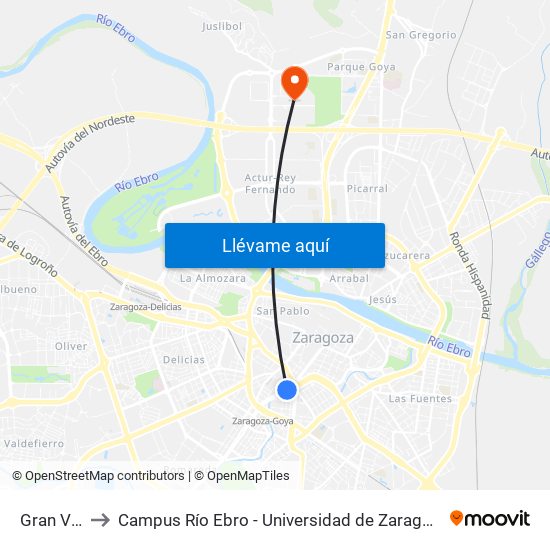 Gran Vía to Campus Río Ebro - Universidad de Zaragoza map