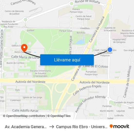 Av. Academia General Militar N. º 54 to Campus Río Ebro - Universidad de Zaragoza map