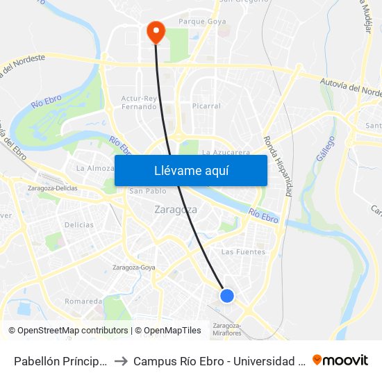 Pabellón Príncipe Felipe to Campus Río Ebro - Universidad de Zaragoza map