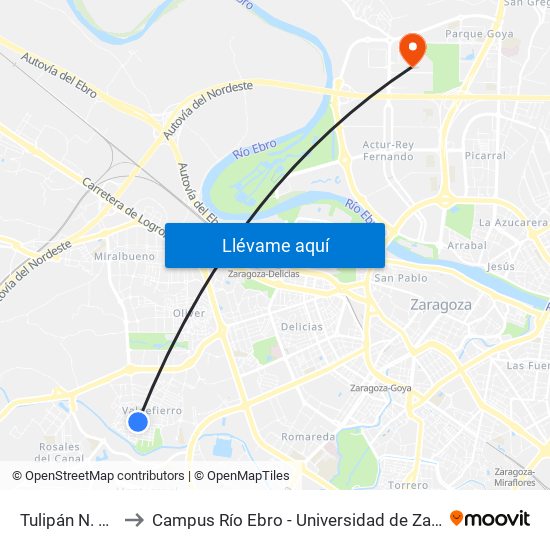 Tulipán N. º 67 to Campus Río Ebro - Universidad de Zaragoza map