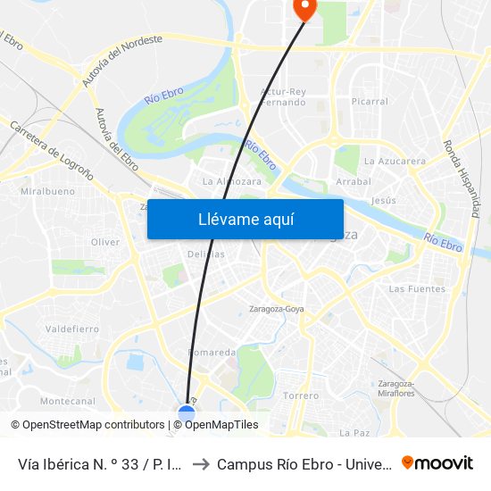 Vía Ibérica N. º 33 / P. Infantes de España to Campus Río Ebro - Universidad de Zaragoza map