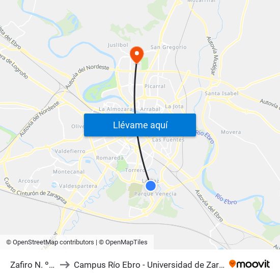 Zafiro N. º 40 to Campus Río Ebro - Universidad de Zaragoza map