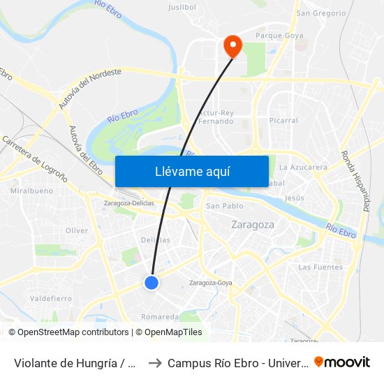 Violante de Hungría / Av. Gómez Laguna to Campus Río Ebro - Universidad de Zaragoza map