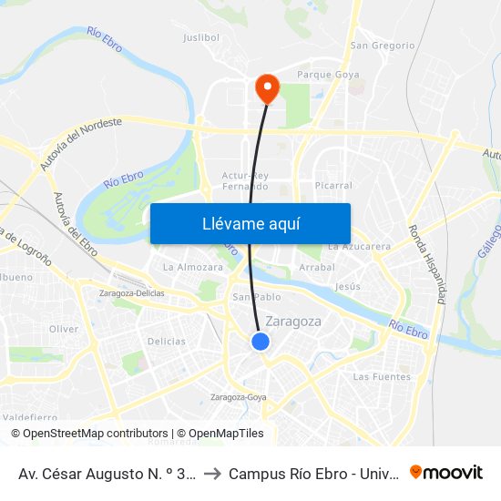 Av. César Augusto N. º 3 / Puerta Del Carmen to Campus Río Ebro - Universidad de Zaragoza map