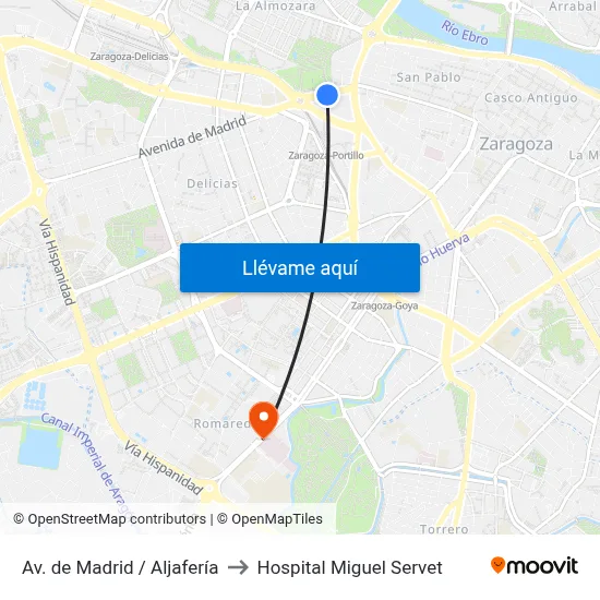 Av. de Madrid / Aljafería to Hospital Miguel Servet map