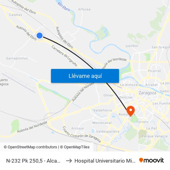 N-232 Pk 250,5 - Alcampo Utebo to Hospital Universitario Miguel Servet map