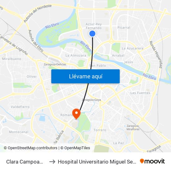 Clara Campoamor to Hospital Universitario Miguel Servet map