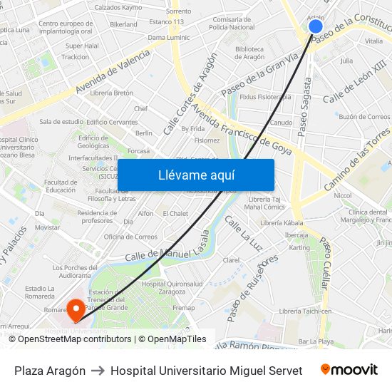 Plaza Aragón to Hospital Universitario Miguel Servet map