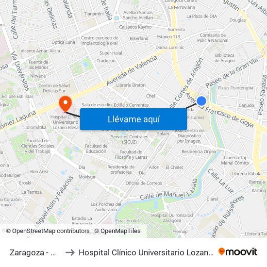 Zaragoza - Goya to Hospital Clínico Universitario Lozano Blesa map