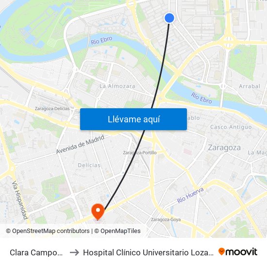 Clara Campoamor to Hospital Clínico Universitario Lozano Blesa map