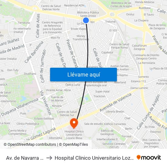 Av. de Navarra N. º 1 to Hospital Clínico Universitario Lozano Blesa map
