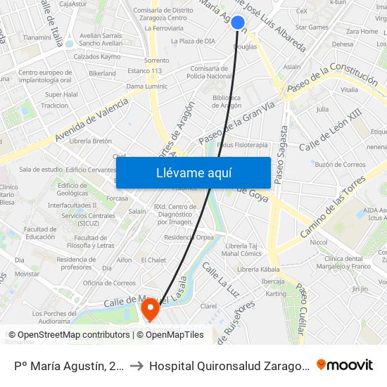 Pº María Agustín, 2-4 to Hospital Quironsalud Zaragoza map