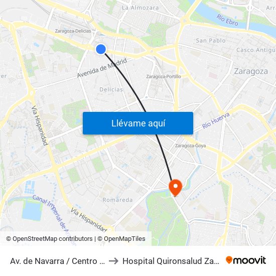 Av. de Navarra / Centro Cívico to Hospital Quironsalud Zaragoza map